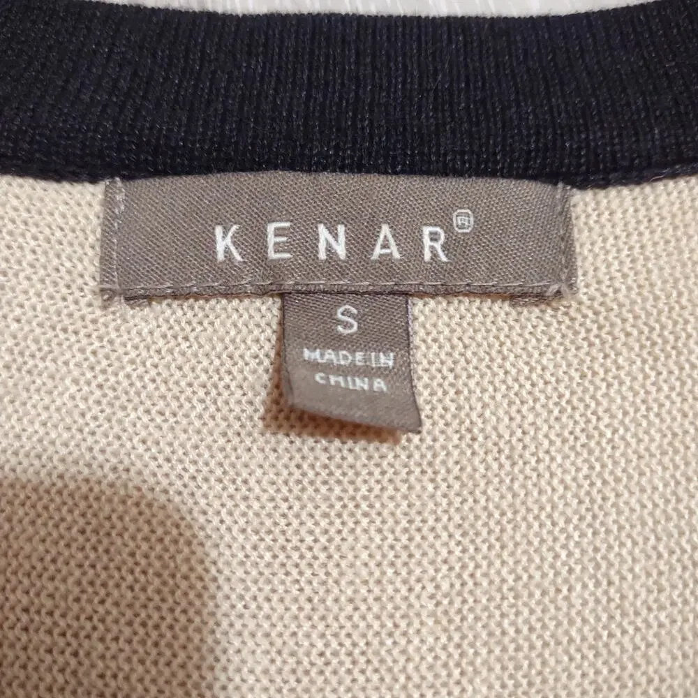 KENAR Kimono Style Sweater Top Tan & Black with Embroidered Size S Cozy Vintage